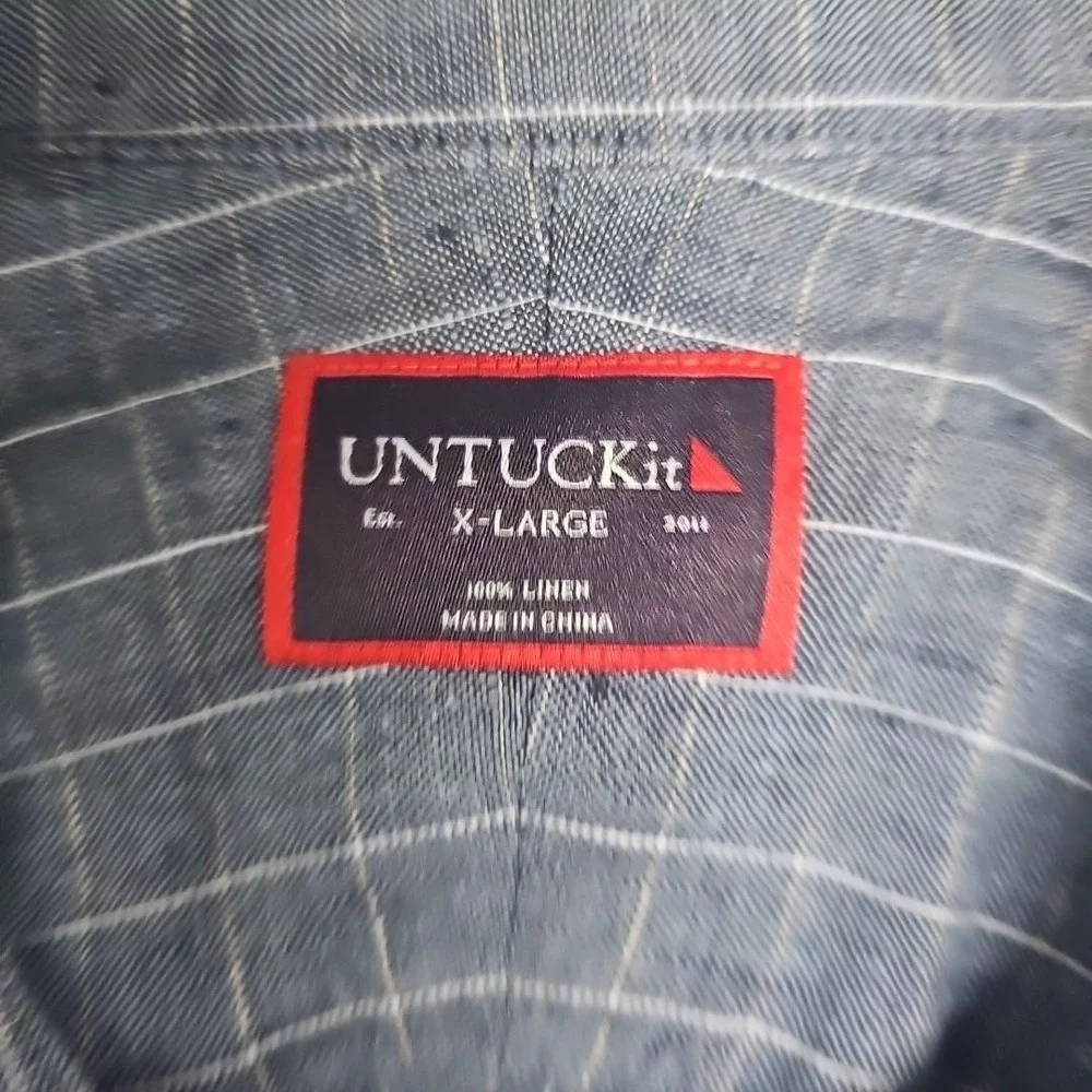 UNTUCKIT Shirt Men XL 100% Linen Ramey Mandarin Collar Grid Check Button Up Blue - Picture 2 of 7